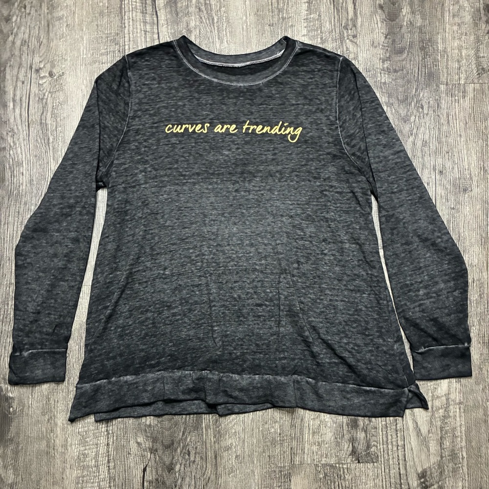 Lane Bryant woman’s Charcoal Long Sleeve Top with Yellow Script